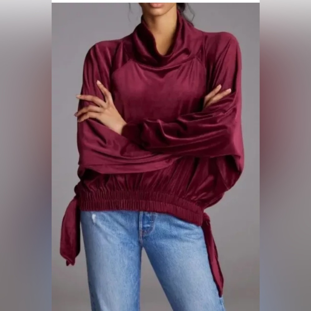 NWT Anthropologie Daily Practice Side Tie Velvet Pullover Sweatshirt Burgundy